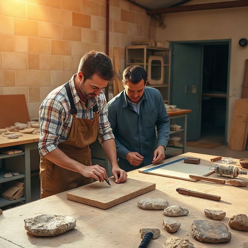 Equipo de Stoneflumen revisando medidas y muestras de piedra